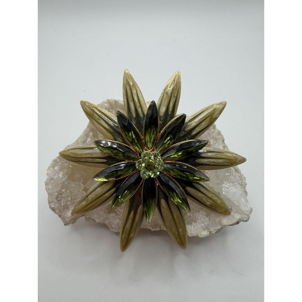 Vintage‎ Olive Green 3-Tier Enamel & Navette Rhinestone Flower Brooch